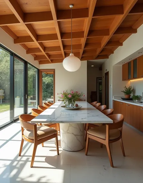 there is a dining room with table and chairs and a large window, mid-century modern, mid-century modern, mid-century modern, mid-century, well-designed masterpiece, blend with Frank Lloyd Wright architecture, ceiling wooden, Eichler Home, marble and wood a...