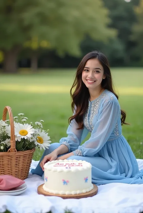 Candid outdoor photograph of a young women a picnic on a grassy field. The layout features a neatly arranged picnic setup with a white blanket, a wicker basket with flowers, and a big cake that said "Aminah domi and candle 34". the woman was wearing a blue...