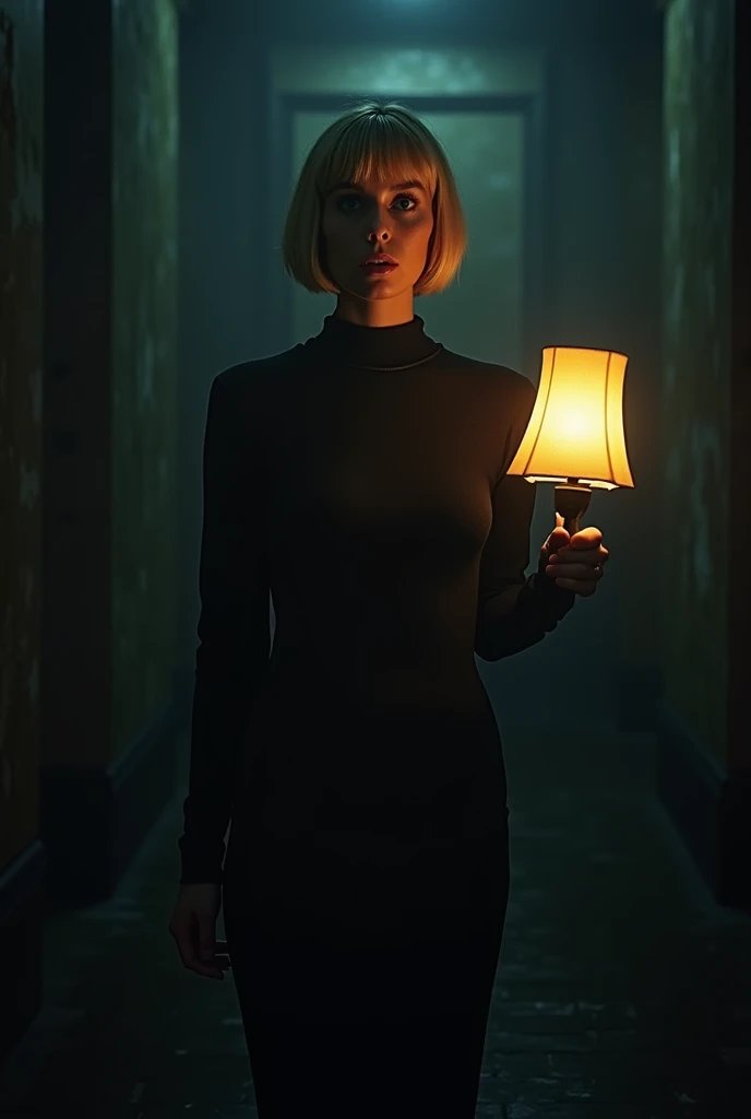 a woman with a lamp in one hand in the middle of the darkness with a surprised face, short blonde hair with bangs, channel style,32k, cinematic