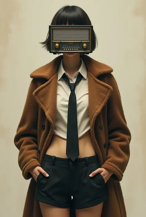 semi realistic style. Man with a mask that resembles a radio. He has short feminine blunt hairstyle . Wearing a fuzzy brown coat with a black tie that is slightly unbuttoned .He is wearing short shorts. He has a masculine torso.