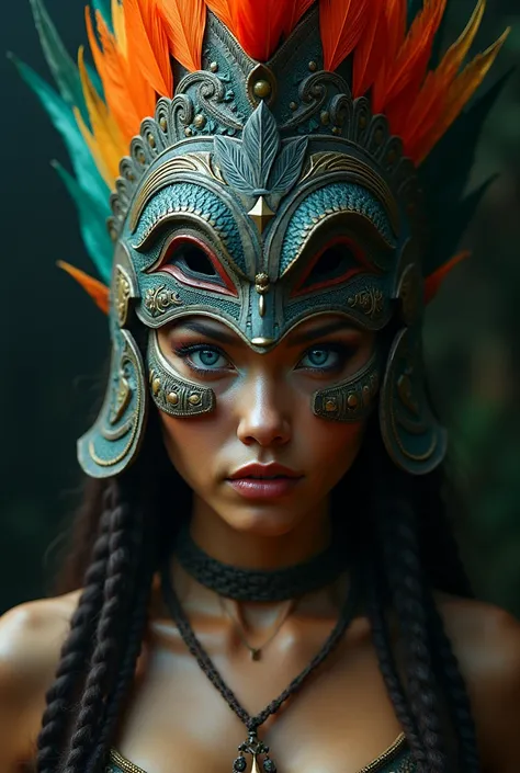 In an enchanting, tribal atmosphere, A strong female figure is putting on a Hawaiian mask which is split in half, exposing the other side of the woman, his piercing blue eyes peering through the intricate carvings. Her hair is adorned with vibrant feathers...