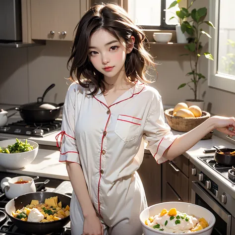 Sexy 2 woman、Short wavy brown hair with blonde highlights, Wearing pajamas、Making scrambled eggs in a minimalist kitchen 