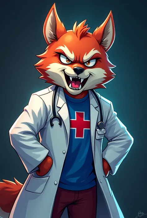 Generate a banner image with a mascot for a medical class , the mascot is furious and wearing a white coat with the blue and red UCP logo , make the image a little more cartoonish and dark