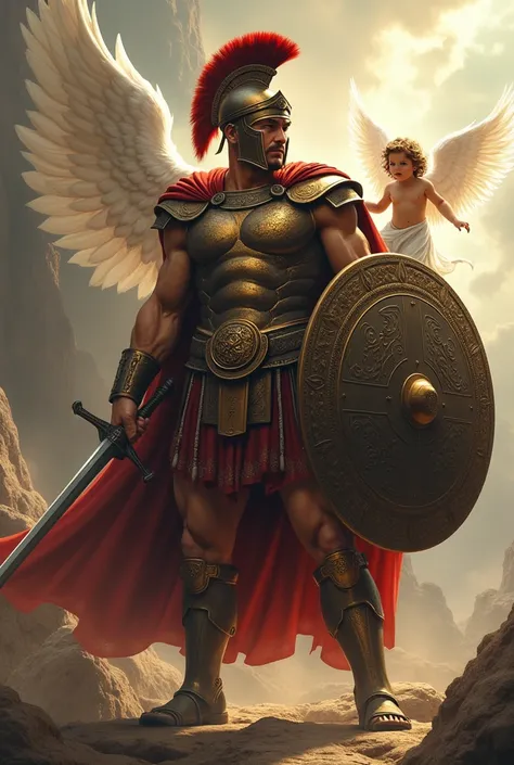 Spartan photo with sword and shield with a baby angel flying beside. Image for a tattoo 