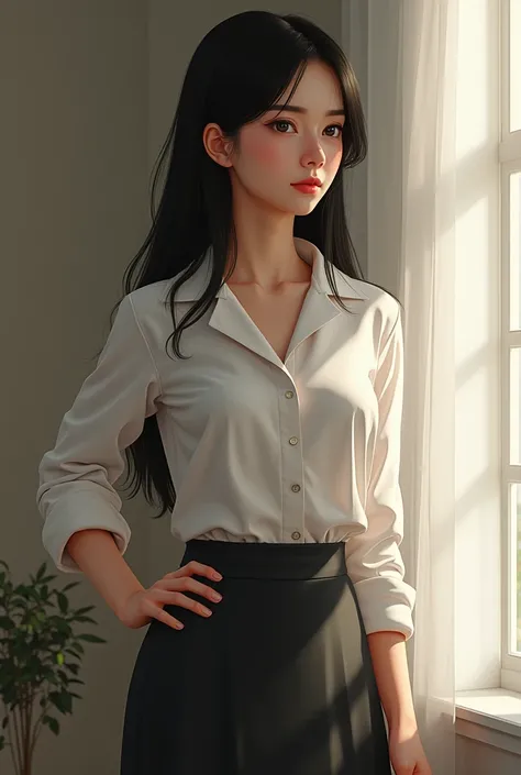 Brunetette, with long straight black hair, one hand on the waist of a skirt and shirt