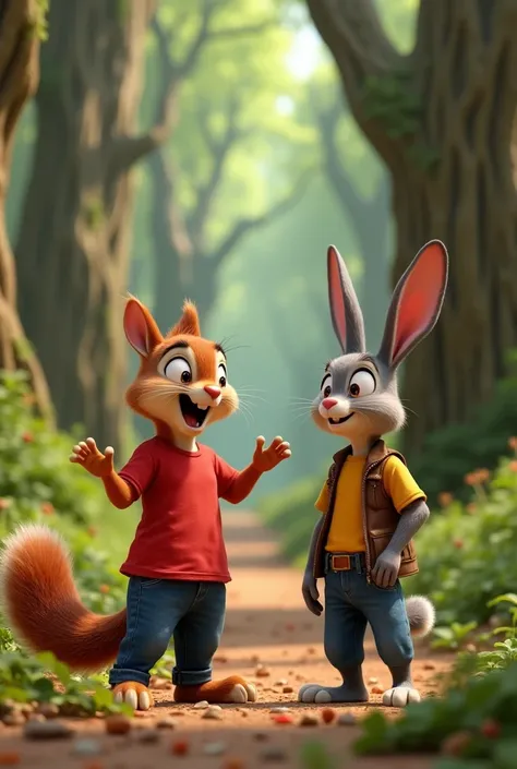 A 3-D Disney-Pixar image of a ((( short ears )))squirrel wearing a red t-shirt and jeans , shaking his arms high andtalking to a rabbit wearing a brown vest over a yellow shirt and a blue jeans . They are on the middle of a lot of ancient trees.