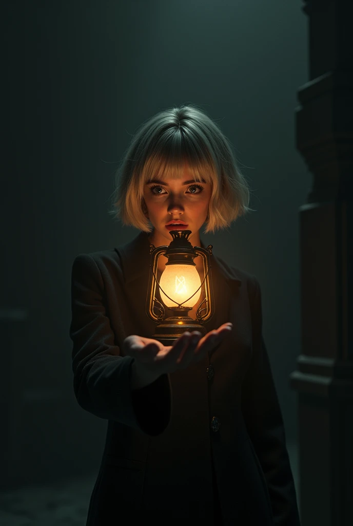 a woman with a old lamp in one hand in the middle of the darkness with a surprised face, short blonde hair with bangs, channel style,32k, cinematic