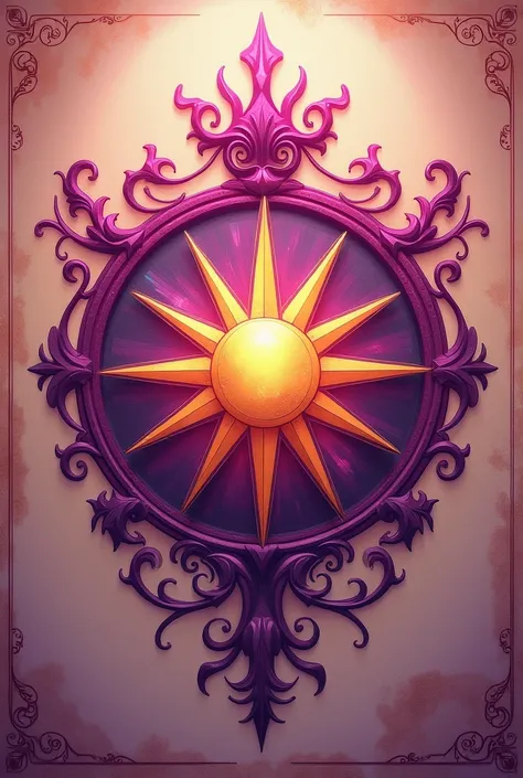 Coat of arms of a country with a sun and the colors pink and purple 