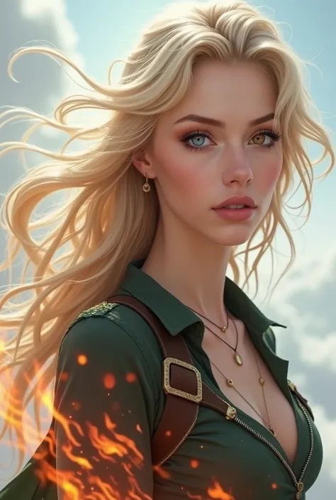 She has long blond hair, her left eye is brown and her right eye is blue. She has full lips. She is stunning and has powers of fire. She has olive skin.