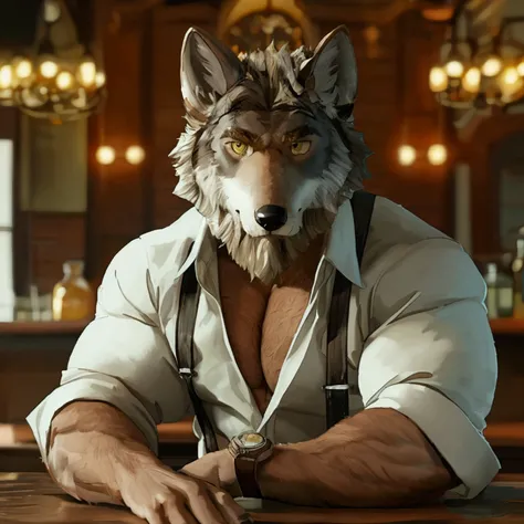 william adler, muscular, (posing:1.3), 4k, hi res, five fingers, drinking, shirt, white shirt, upper body, male focus, collared shirt, pants, looking to the side, suspenders, pectorals, sleeves rolled up, watch, wristwatch, wolf ears, beard, yellow eyes, d...