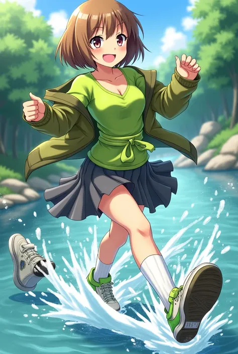 Anime arthletic girl, kung fu pose, Persona 4, Chie Satonaka, very short light brown hair, bobcut, smiling, lime green top, dark grey skirt, green jacket around waist, white loose socks, dirty white and green sneakers, splashing through river bench, kickin...