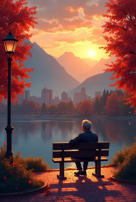 Make an illustration of a man about 3 in a Canadian city, He is sitting on a bench in a beautiful park, with beautiful red-leafed trees, it is day, It&#39;s getting dark, A beautiful sunset and in the background you can see the imposing mountains. Make it ...