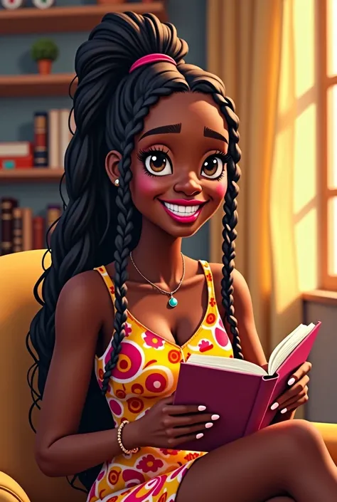 can do it in the Disney Pixar style of a 3 light-skinned black woman psychologist reading a book. She has hair in very thin braids close to her head without a bun, dark brown and very long to the waist , bright pink lipstick and a big, white, well-defined ...