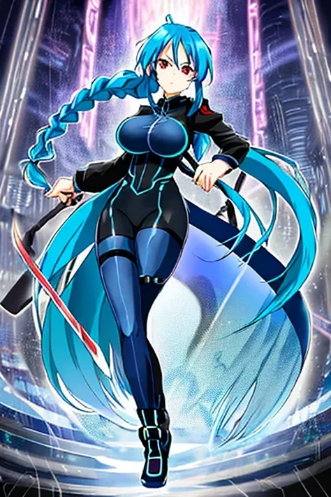 braid ponytail, 2d, anime style, red eyes, light blue hair, blue hair, long hair, bodysuit, black bodysuit, serious, breasts, big breasts, large breasts, futuristic, science-fiction, full body, looking at viewer, standing, pantyhose, thighhighs, sword