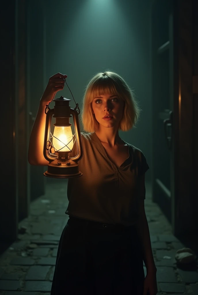 a woman with a old lamp in one hand in the middle of the darkness with a surprised face, short blonde hair with bangs, channel style,32k, cinematic, 5 fingers on one hand