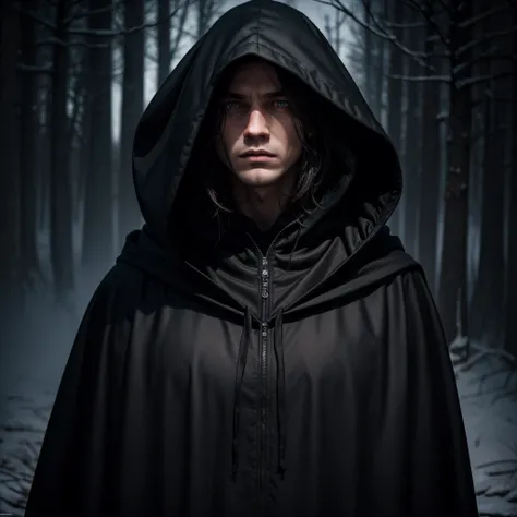 a mysterious hooded figure at night, 1 man, black hooded cloak, high resolution, hd model, high quality, detailed, hood, realistic, mystery, hidden face, vampire, distant, american men, red eyes