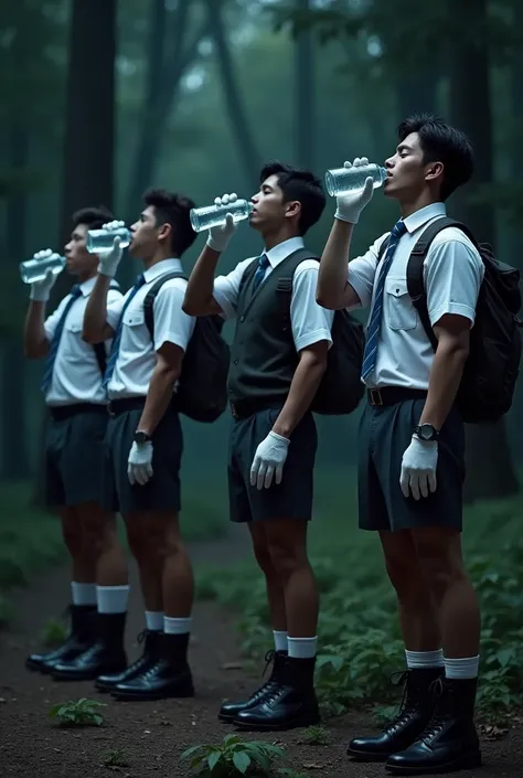 Perfectly super realistic muscular cadet gentlemen drinking water from bottles in the forest late at night with other cadets, wearing perfectly neat suit and tie uniforms, a perfect neat white shirt, perfect neat striped tie, school shorts, sweater vest, k...