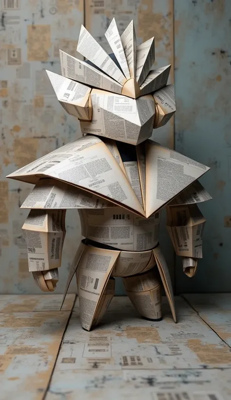 A designer toy character entirely made of paper elements, with a unique style combining minimalism and newspaper design. The character has a geometric, angular structure, without shoes or headphones, and maintains an elegant, sophisticated look. The body i...