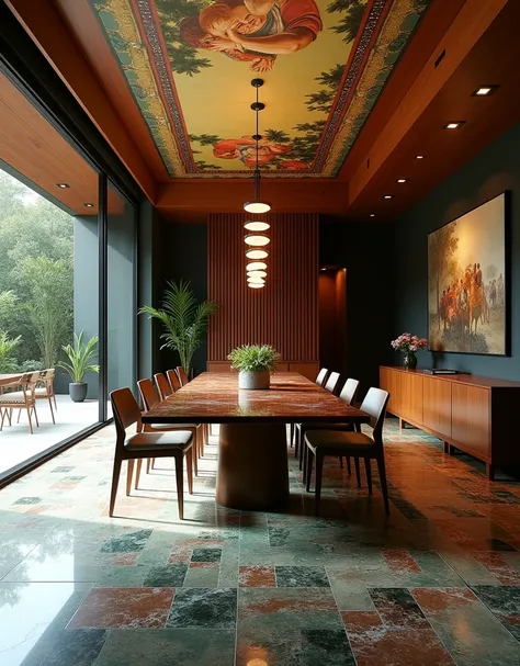 there is a dining room with table and chairs and a large window, mid-century modern, mid-century modern, mid-century modern, mid-century, well-designed masterpiece, blend with Frank Lloyd Wright architecture, ceiling wooden, Eichler Home, marble and wood a...