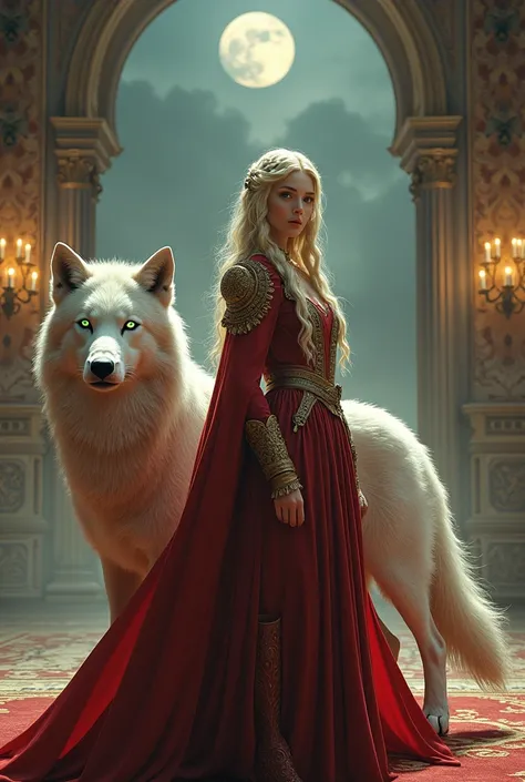 fantasy art, RPG art, ultra wide shot, RAW, photorealistic, a picture of woman and her (white: 1.4) wolf pet, the woman,  an exquisite beautiful human woman, long blond hair, braided hair, green eyes, wearing elegant silk dress, intricate dress,  wearing (...