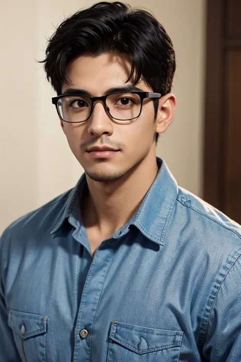 an avatar of a Latino man with black hair and dark brown eyes, with glasses 