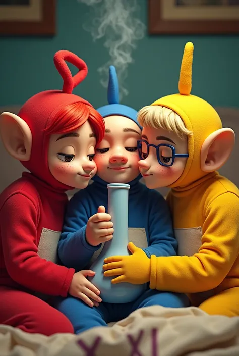 3 friends (1 Frau,2 men) cuddling in pajamas dressed as teletubbies and smoking. The friends look like this: Woman with red hair and freckles, Man with blond hair much older and very big nose and a man with brown hair glasses and very muscular body. They c...