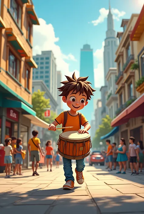 A boy playing a drum walking down the street