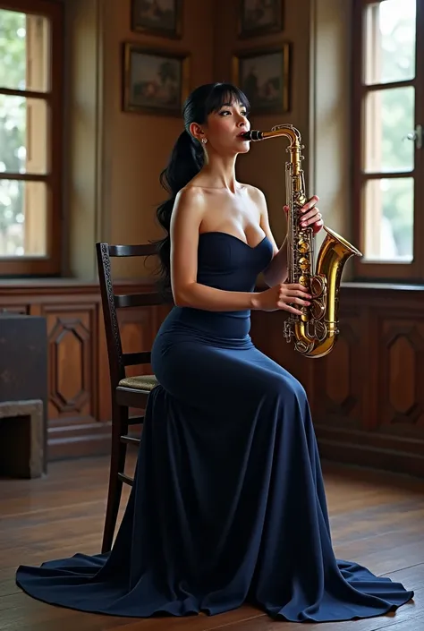 A portrait of an elegant woman, jet black brunette ponytail, (((bangs,))) (((nude massive breast))) in her late thirties, wearing a navy blue evening dress with a long train, (((high heels))), sitting on a chair and playing on saxofone in an old castle roo...