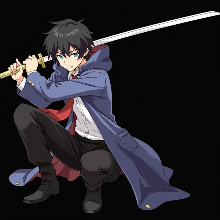 The Familiar of zero, Hiraga Saito, 2d, dressed in a blue coat, blue trench coat, black dress pants, White shirt, hidden red tie, black shoes, blue eyes, semi-stocky, whole body, black hair a little disheveled, sword in the back, keep the face of the origi...