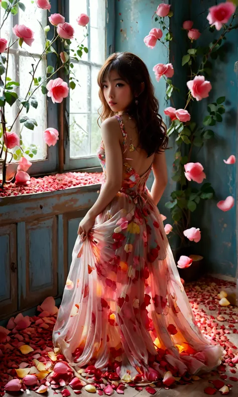 cute yuna (age 25, small sheer colorful airy dress, no underwear), is leading viewer through her house to he rose petal covered bedroom, extreme tease often letting dress fall from shoulders or reaching up to flash her lower body, trail of rose petals thro...