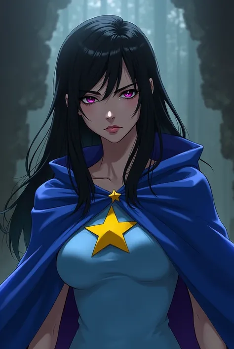 Create a girl villain who has a light blue top with a blue cape, the blue cape has a yellow star and she has black hair and is ugly.