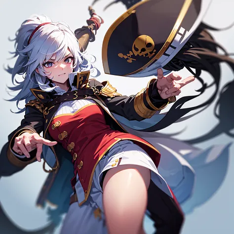 11 , solo, wearing a pirate costume and a pirate leg, a pirate eye cover, and a pirate game, character design, villain, simple white finish, as whole, woman design, anime design, as whole, pirate hat, white background, character design