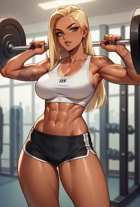 sexy woman in a gym, blonde, tattoos, tanned skin, long ad straight hairs