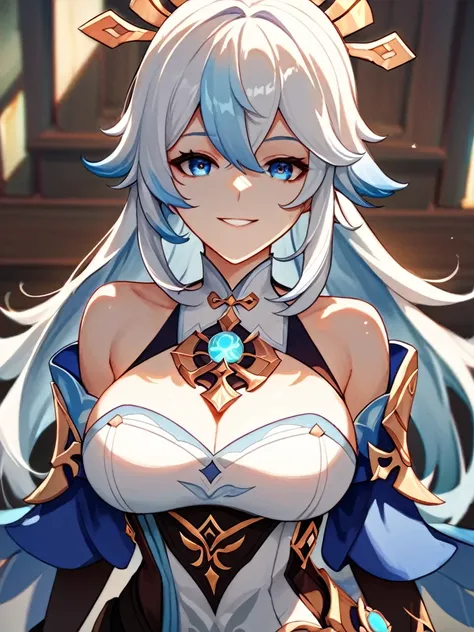 score_9, score_8_up, score_7_up, source_anime, best quality, clear face, genshin impact,Furina, white hair,blue tinted hair, blue eyes, long hair, large breasts, perfect body, standing, looking at viewer, smile cutly,clothes,dynamic angle,face close face