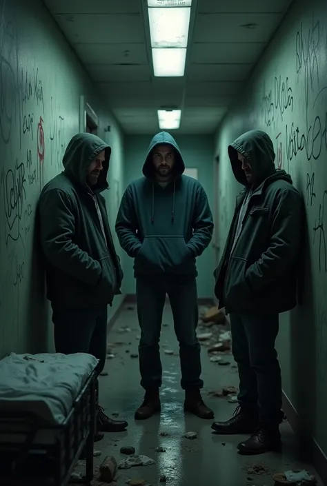 ((best quality)), ((masterpiece)), (detailed), ((low contrast)), ((Darkness)), ((Dark)), ((without light)) perfect face. 3 men wearing hoodies, the three of them expressed anxious expressions, looking at each other in the hallway of an abandoned hospital t...