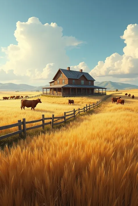 A large farmhouse in the distance, surrounded by wide fields and wooden fences, with cattle grazing in the background.







