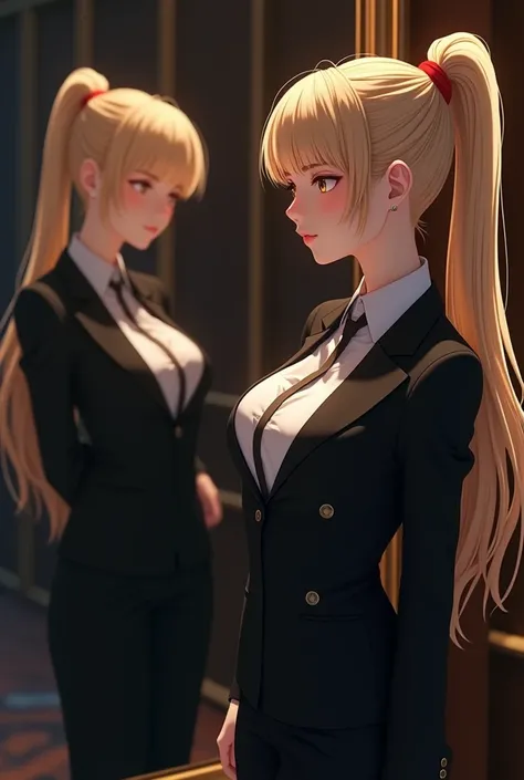 detailed anime girl, 1girl, long blonde hair in single ponytail, huge breasts, suit and tie, looking into a mirror, realistic, photorealistic, high quality, 8k, ultra-detailed, cinematic lighting, dramatic lighting, dramatic pose, elegant, beautiful, intri...