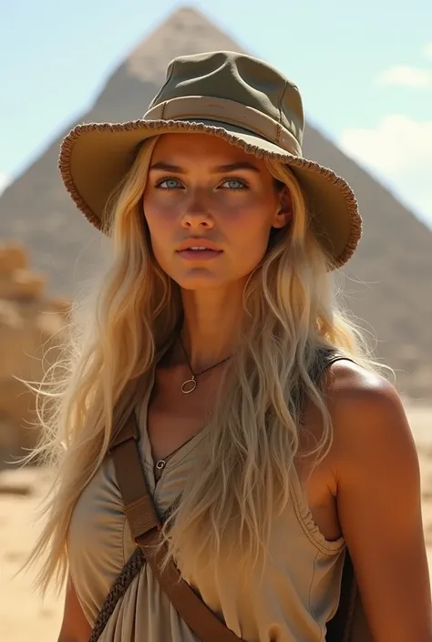 Create a realistic image of a 20 year old woman, long blonde hair, blue eyes, cheekbones, ((full body)), exploring a historical site in Africa, such as the Pyramids of Giza or the ruins of Great Zimbabwe. She wears comfortable clothes and a hat to protect ...