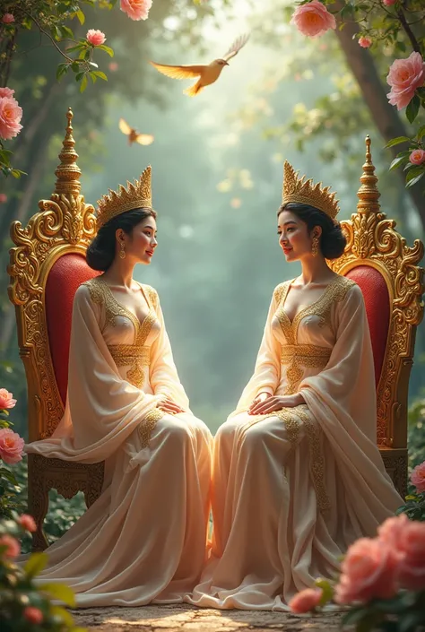 Thepwanwisa and Thepsri Ngam, beautiful girls with sweet smiles, wearing ancient Thai costumes from the heaven of the stars, sit on thrones with piles of gold and silver, with magpies singing on trees with beautiful flowers in bloom.