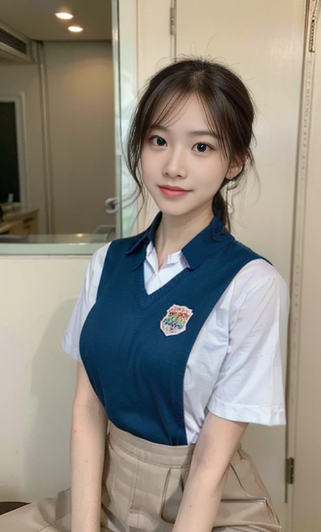 (A stunning chinese lady at night, kitchen, wearing a white short-sleeve button shirt, blue jumper suit, school uniform, plaid tie, plaid hair scarf, youthful charms, smooth complexion, beautiful detailed face, beautiful detailed eyes and lips, long eyelas...