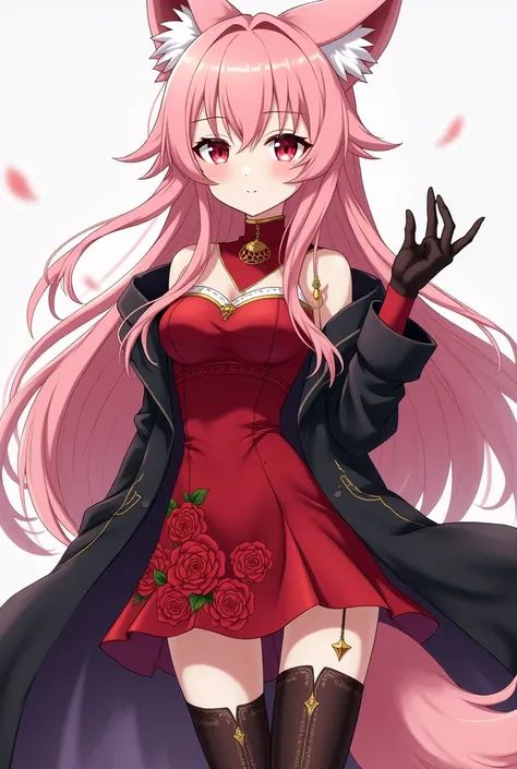 (photorealism:1.2), Mikazuki has long. pink hair, red eyes, pink and fluffy ears and a fox tail
  She wears a long-sleeved black jacket, but it was up to the joints of her arms that he could see that underneath she wore a red sleeveless with stamp of roses...