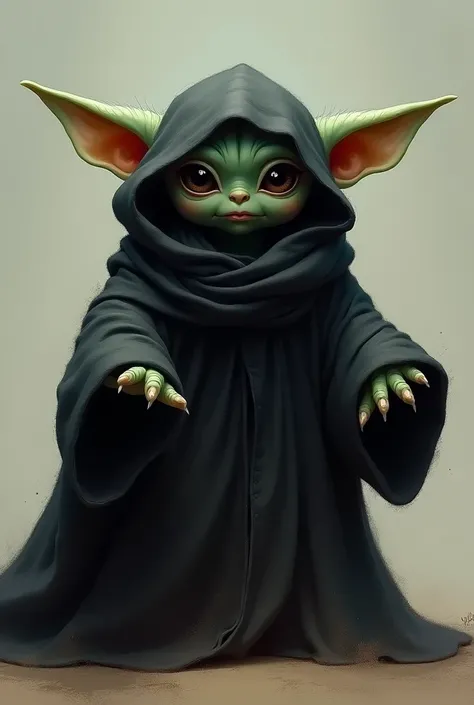 Grogu with black hood and hands forward