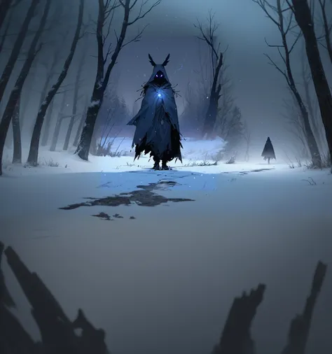 アニメ, a man in a cloak and hat walks through a snowy forest, winter concept art, camouflaged dark winter night, dark camouflaged figure, a sinister fantasy illustration, dark hood specter, dark concept art, camouflaged, dark camouflaged necromancer, mysteri...