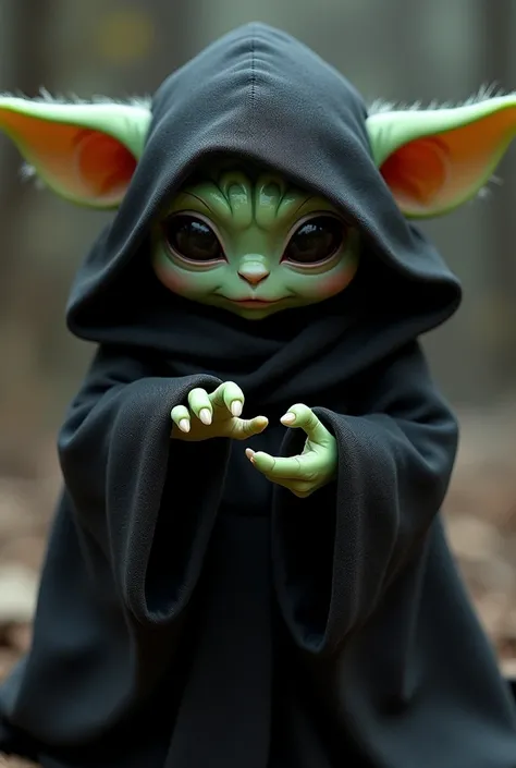 Grogu with black hood and hands forward as if he was holding something