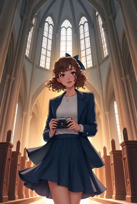 Create a girl with short curly hair with a navy blue skirt, a white t-shirt and a navy blue blazer with her hair tied up with a camera in her hand in the church 
