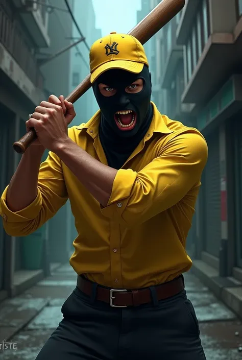 A man in a balaclava (touca ninja) in a yellow blouse and cap with an angry look with a baseball bat in his hand on a dark street 