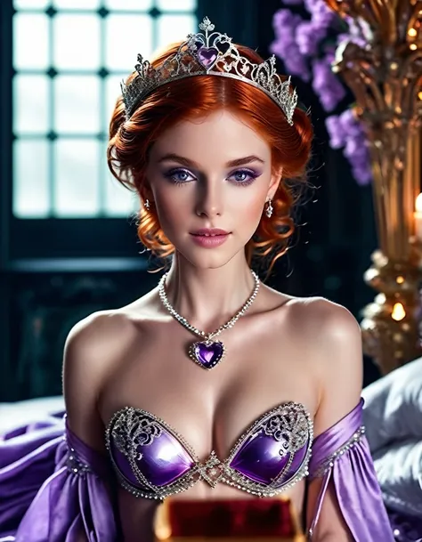 In this alluring photoshoot, we celebrate the fusion of modern allure and timeless elegance. Picture a seductive redheaded elf with mesmerizing lavender eyes, She is nudewearing only her platinum tiara set with amethyst to accentuate her eyes. Her nipples ...