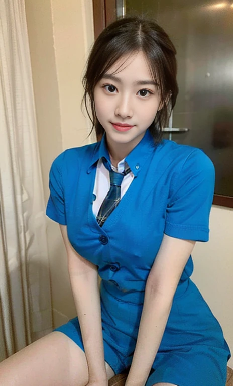 (A stunning chinese lady at night, kitchen, wearing a white short-sleeve button shirt, blue jumper suit, school uniform, plaid tie, plaid hair scarf, youthful charms, smooth complexion, beautiful detailed face, beautiful detailed eyes and lips, long eyelas...