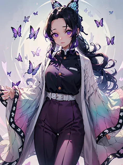 A girl with black hair that graduated to violet at the bottom, long front hair divided into two parts, a very small hair tie tied with a purple butterfly, wide eyes that graduated from white to dark violet at the bottom, wearing a dark purple shirt with go...