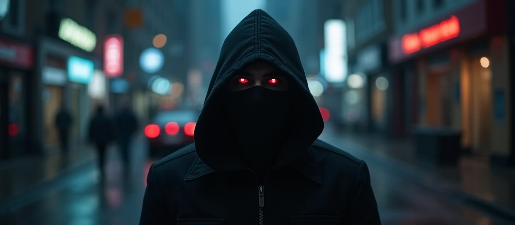 a mysterious hooded figure at night, 1 man, black hooded cloak, high resolution, hd model, high quality, detailed, hood, realistic, mystery, hidden face, vampire, distant, american men, red eyes , city